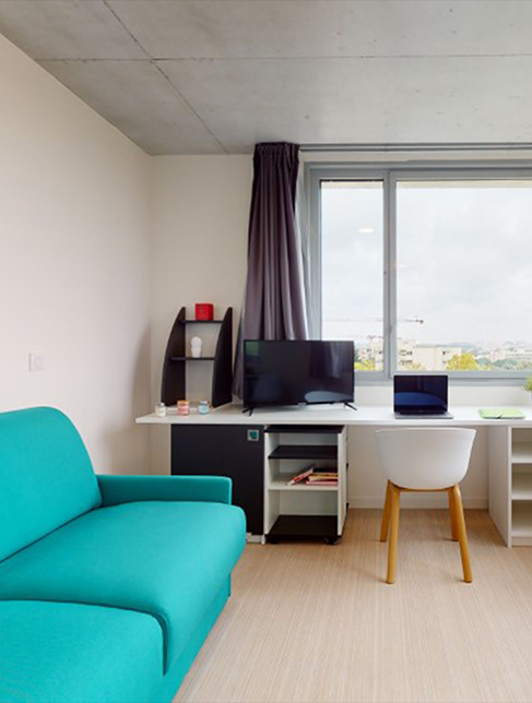 View of the living room in student accommodation